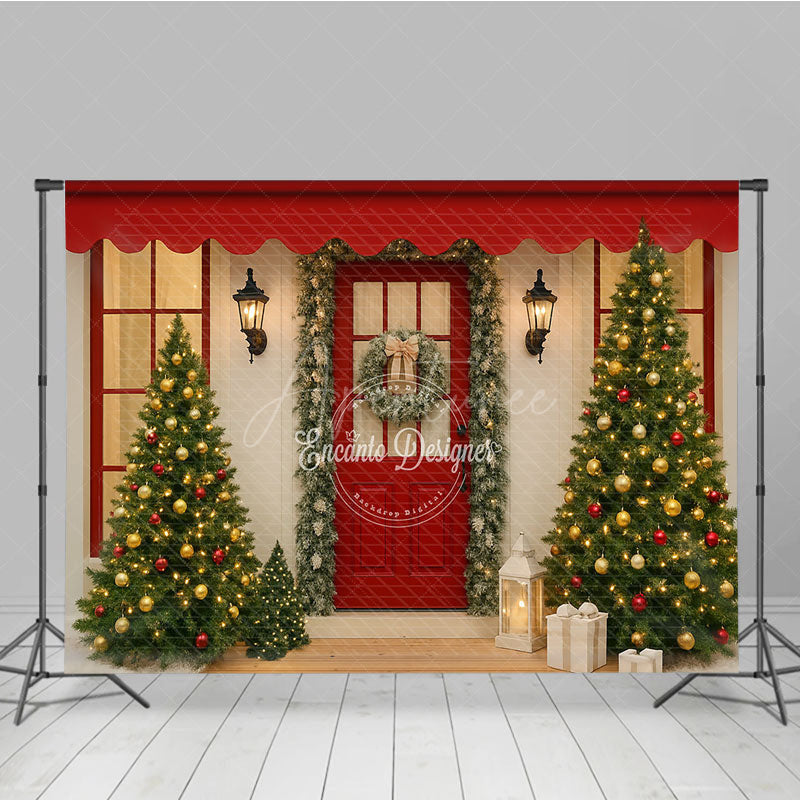 Aperturee - Aperturee Christmas Front Porch Photography Backdrop Red Door with Garland and Trees Welcoming Holiday Photo Background