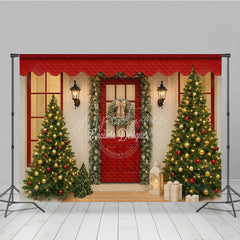 Aperturee - Aperturee Christmas Front Porch Photography Backdrop Red Door with Garland and Trees Welcoming Holiday Photo Background