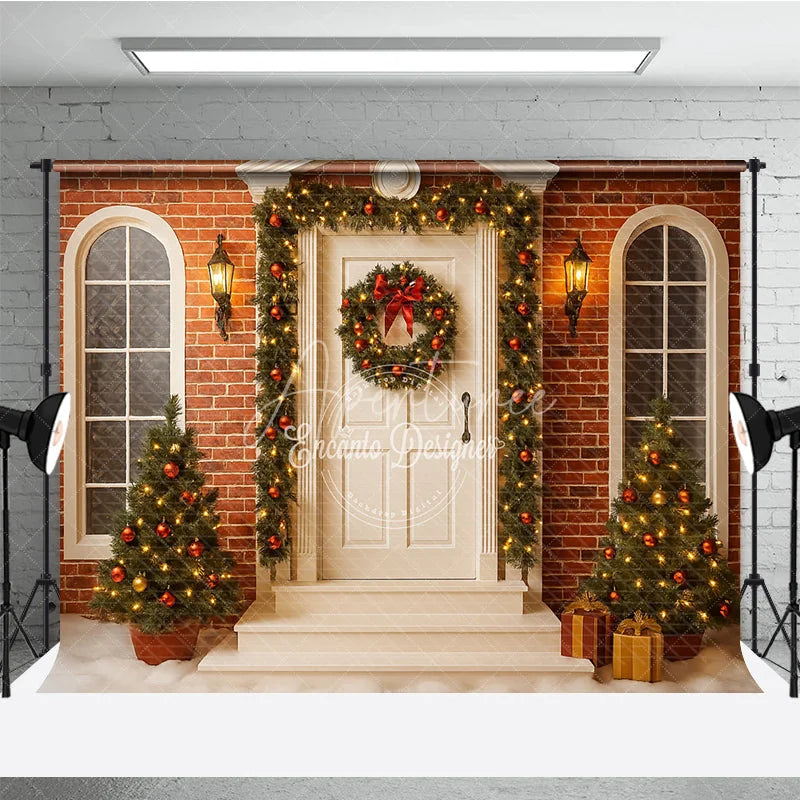 Aperturee - Aperturee Christmas Front Porch Photography Backdrop White Door with Brick Wall and Garland Holiday Photo Background