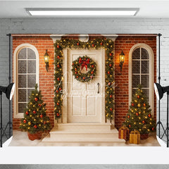 Aperturee - Aperturee Christmas Front Porch Photography Backdrop White Door with Brick Wall and Garland Holiday Photo Background