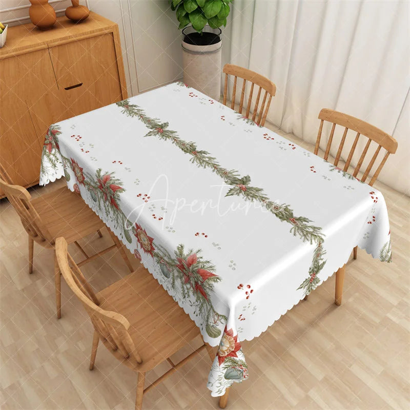 Aperturee - Aperturee Christmas Garland Rectangle Tablecloth White with Pine Branch Berries Elegant Holiday Table Cover