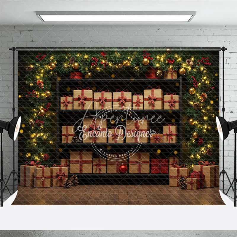 Aperturee - Aperturee Christmas Gift Wall Photography Backdrop Shelves of Presents with Plaid Ribbons Holiday Mini Session Background