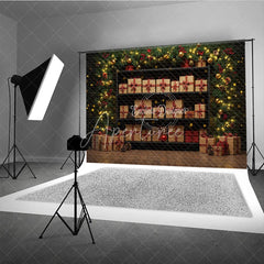 Aperturee - Aperturee Christmas Gift Wall Photography Backdrop Shelves of Presents with Plaid Ribbons Holiday Mini Session Background