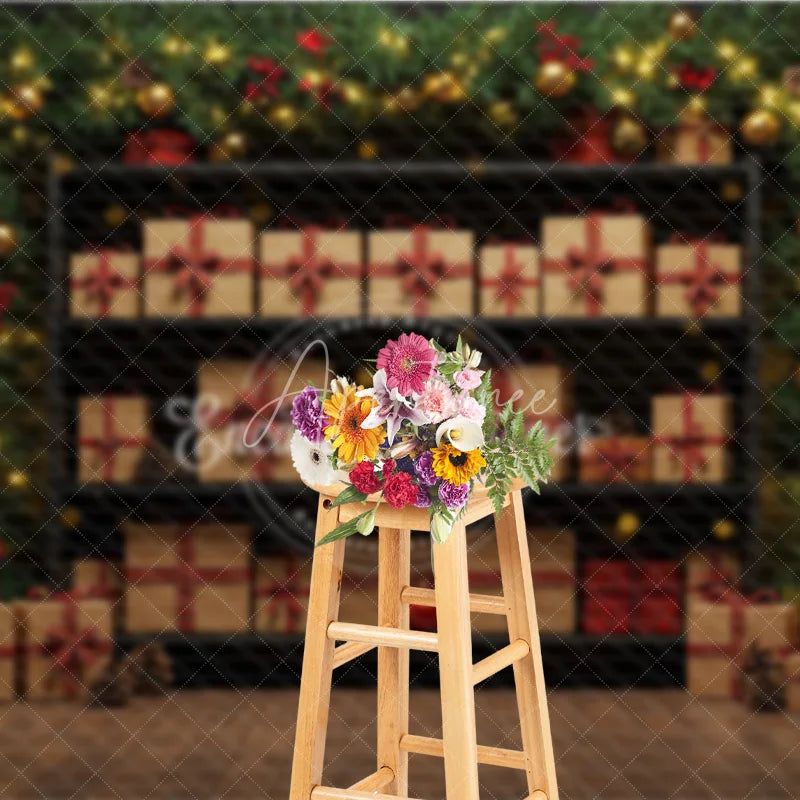 Aperturee - Aperturee Christmas Gift Wall Photography Backdrop Shelves of Presents with Plaid Ribbons Holiday Mini Session Background