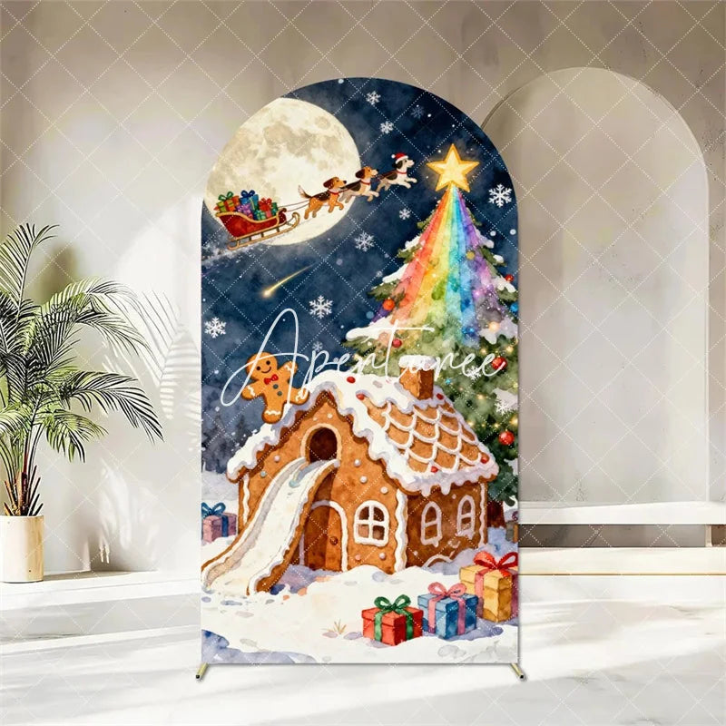 Aperturee - Aperturee Christmas Gingerbread House Arch Backdrop Decorated Tree with Gifts Winter Holiday Party Banner