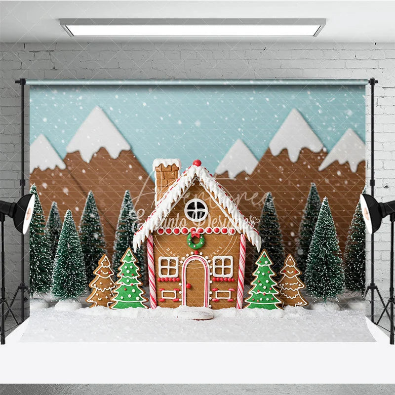 Aperturee - Aperturee Christmas Gingerbread House Combo Set Backdrop Snowy Candy Village with Cloud Floor Holiday Photo Scene