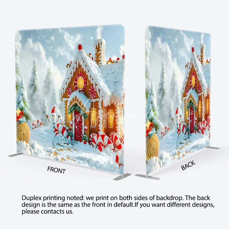 Aperturee - Aperturee Christmas Gingerbread House Double-Sided Tension Fabric Backdrop Winter Candyland Holiday Party Photo Booth