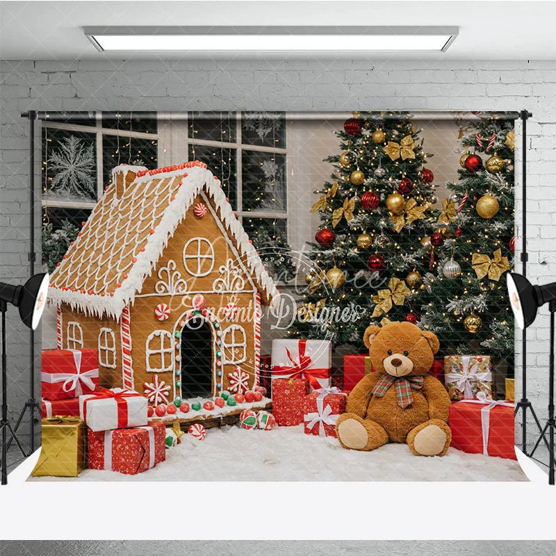 Aperturee - Aperturee Christmas Gingerbread House Photography Backdrop Teddy Bear and Trees Holiday Candyland Mini Session Background