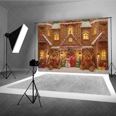 Aperturee - Aperturee Christmas Gingerbread House Photography Backdrop Teddy Bears and Snowman Candyland Holiday Photo Background