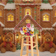 Aperturee - Aperturee Christmas Gingerbread House Photography Backdrop Teddy Bears and Snowman Candyland Holiday Photo Background