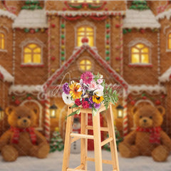 Aperturee - Aperturee Christmas Gingerbread House Photography Backdrop Teddy Bears and Snowman Candyland Holiday Photo Background