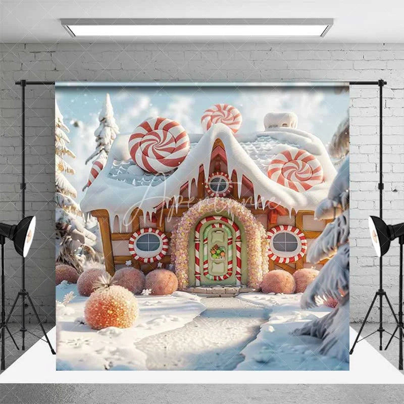 Aperturee - Aperturee Christmas Gingerbread House Room Set Backdrop Winter Candyland with Snow Floor Holiday Cake Smash Photos