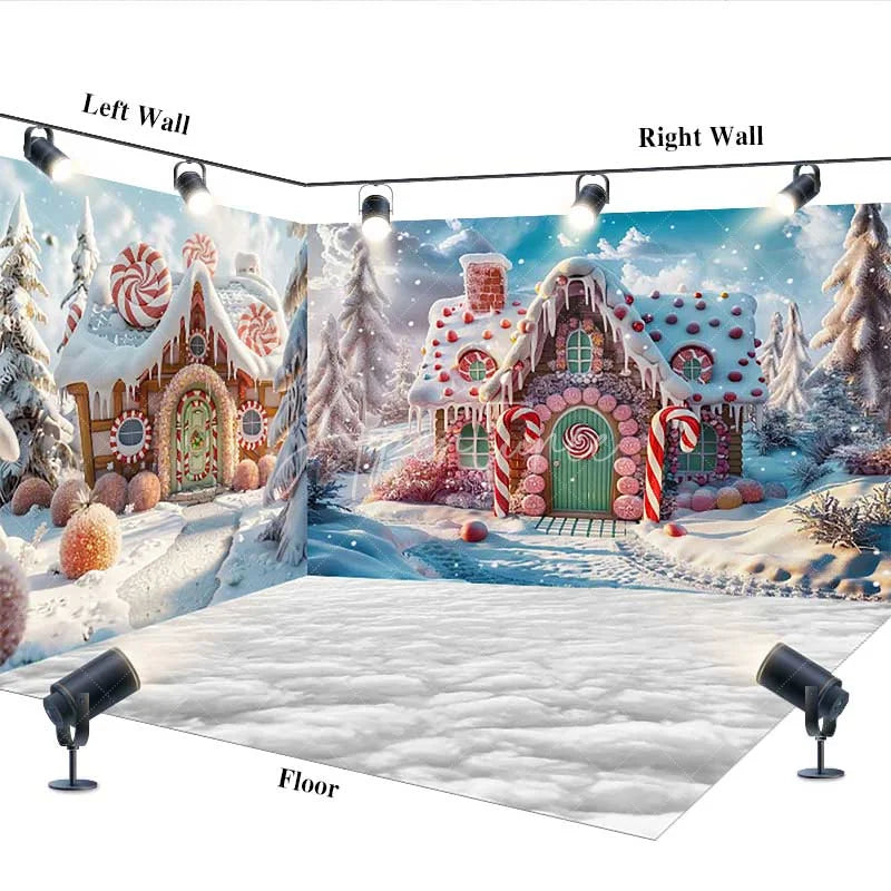 Aperturee - Aperturee Christmas Gingerbread House Room Set Backdrop Winter Candyland with Snow Floor Holiday Cake Smash Photos