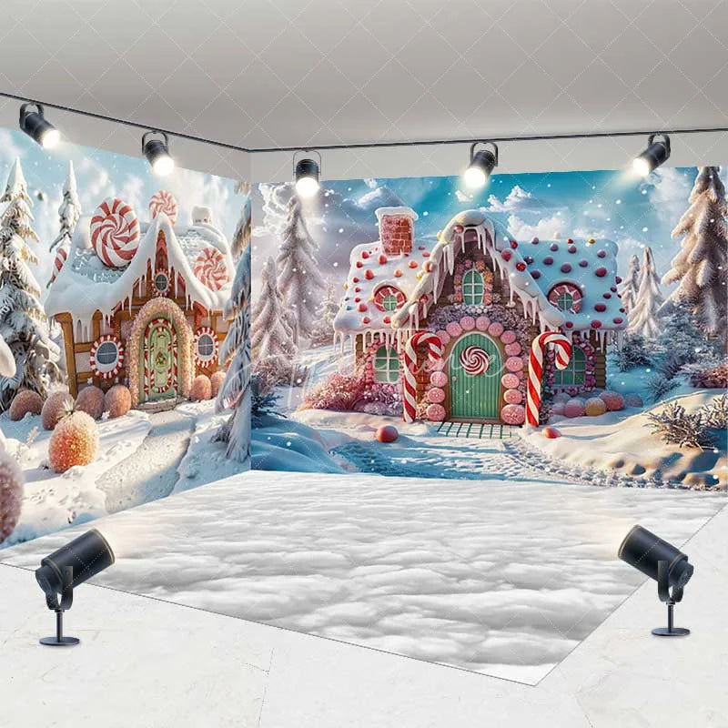 Aperturee - Aperturee Christmas Gingerbread House Room Set Backdrop Winter Candyland with Snow Floor Holiday Cake Smash Photos