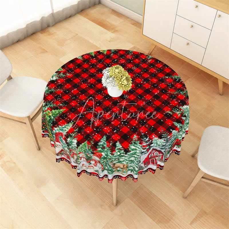 Aperturee - Aperturee Christmas Gnome Buffalo Plaid Round Tablecloth Winter Snowman Red Barn Table Cover for Holiday