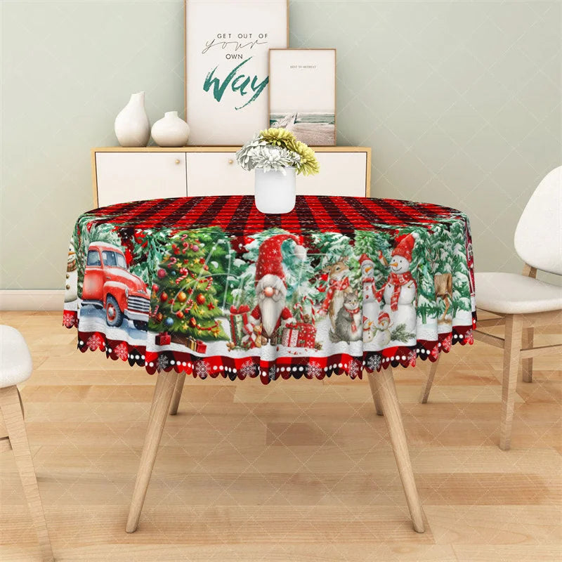 Aperturee - Aperturee Christmas Gnome Buffalo Plaid Round Tablecloth Winter Snowman Red Barn Table Cover for Holiday