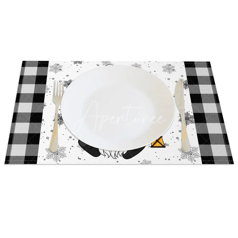 Aperturee - Aperturee Christmas Gnome Set of 4 Placemats Black and White Buffalo Plaid Gnome with Lantern Snowflakes Table Mats