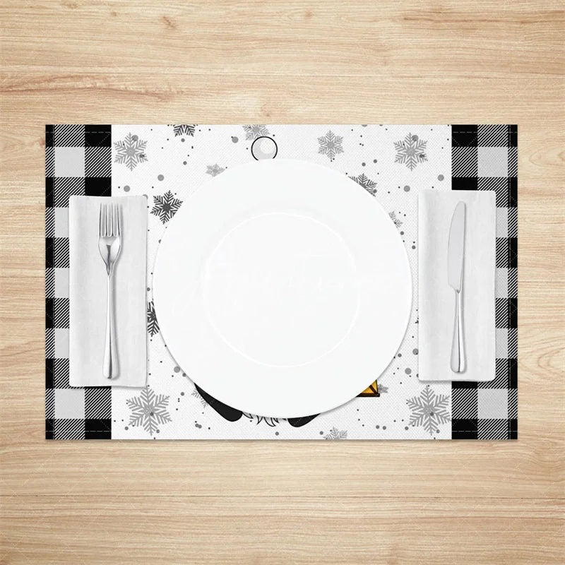 Aperturee - Aperturee Christmas Gnome Set of 4 Placemats Black and White Buffalo Plaid Gnome with Lantern Snowflakes Table Mats