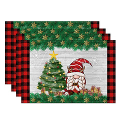 Aperturee - Aperturee Christmas Gnome Set of 4 Placemats Red Buffalo Plaid Border Gnome with Reindeer Antlers Table Mats