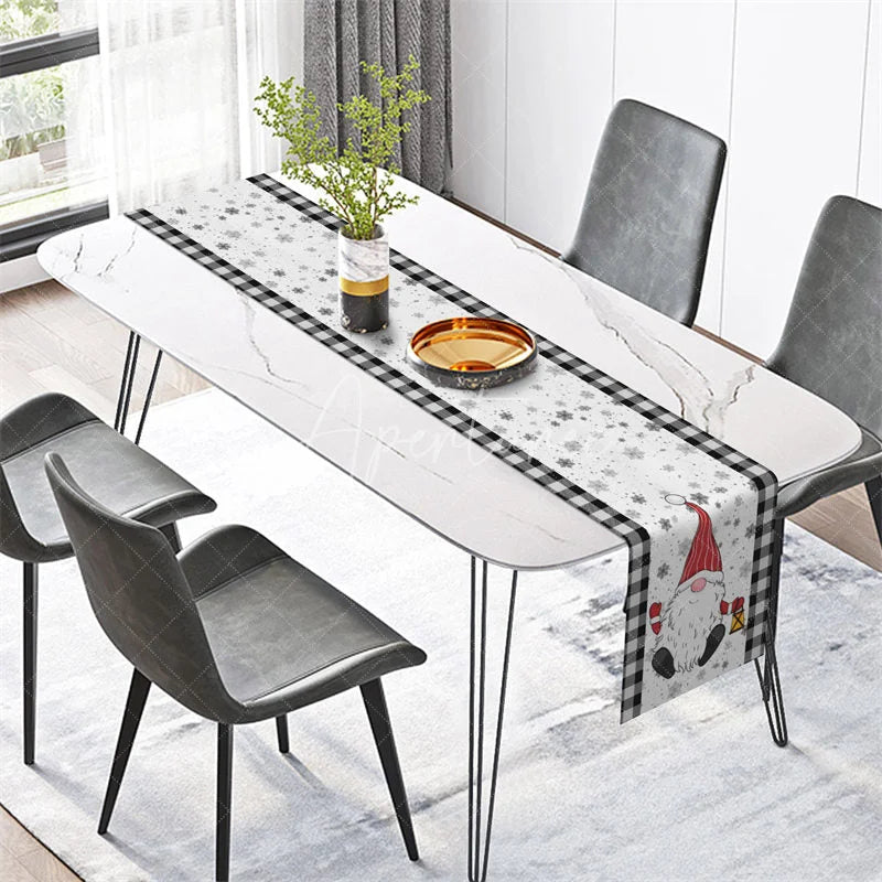 Aperturee - Aperturee Christmas Gnome Table Runner Black White Buffalo Plaid Snowflake Holiday Farmhouse Table Decor