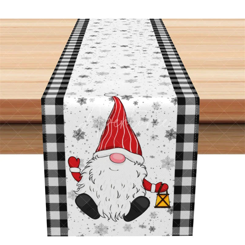 Aperturee - Aperturee Christmas Gnome Table Runner Black White Buffalo Plaid Snowflake Holiday Farmhouse Table Decor