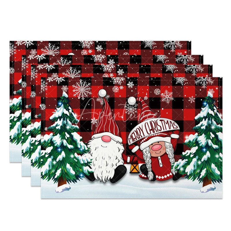 Aperturee - Aperturee Christmas Gnomes Set of 4 Placemats Red Buffalo Plaid Snowy Trees Farmhouse Holiday Table Mats