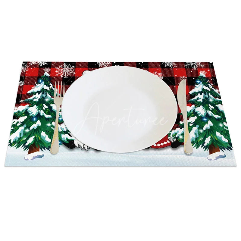 Aperturee - Aperturee Christmas Gnomes Set of 4 Placemats Red Buffalo Plaid Snowy Trees Farmhouse Holiday Table Mats