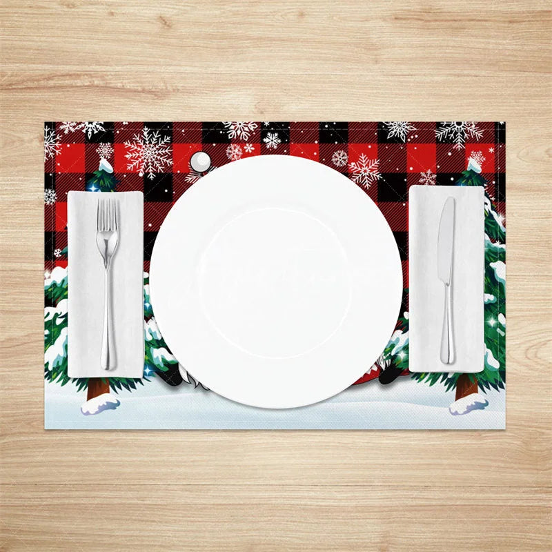Aperturee - Aperturee Christmas Gnomes Set of 4 Placemats Red Buffalo Plaid Snowy Trees Farmhouse Holiday Table Mats