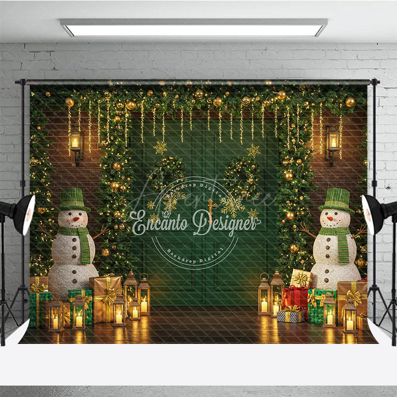 Aperturee - Aperturee Christmas Green Door Photography Backdrop Snowmen with Garland and Lanterns Holiday Mini Session Background