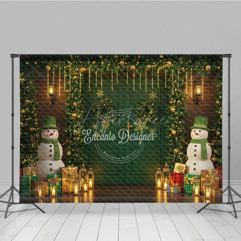 Aperturee - Aperturee Christmas Green Door Photography Backdrop Snowmen with Garland and Lanterns Holiday Mini Session Background