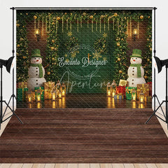 Aperturee - Aperturee Christmas Green Door with Snowmen Combo Set Backdrop Rustic Wood Floor Holiday Mini Session Photo Background