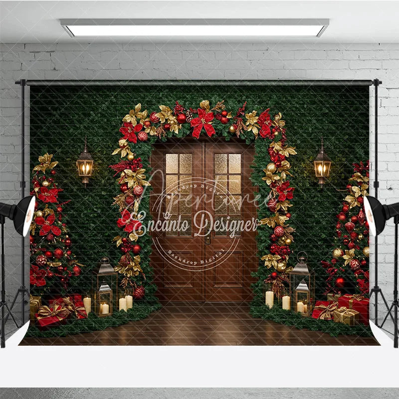 Aperturee - Aperturee Christmas Greenery Wall Photography Backdrop Wood Door with Red and Gold Poinsettia Holiday Photo Background