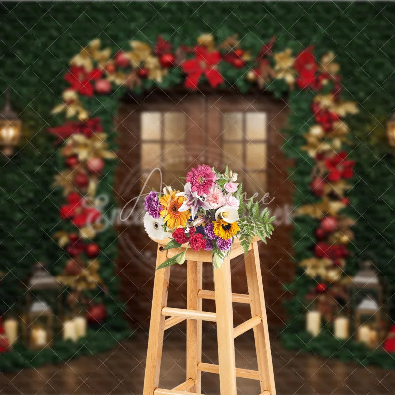 Aperturee - Aperturee Christmas Greenery Wall Photography Backdrop Wood Door with Red and Gold Poinsettia Holiday Photo Background
