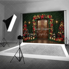 Aperturee - Aperturee Christmas Greenery Wall Photography Backdrop Wood Door with Red and Gold Poinsettia Holiday Photo Background