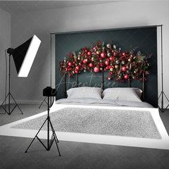 Aperturee Aperturee Christmas Headboard Photography Backdrop Red Gold and Silver Ornament Garland Elegant Holiday Bedroom Photo Prop