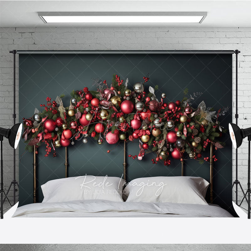 Aperturee Aperturee Christmas Headboard Photography Backdrop Red Gold and Silver Ornament Garland Elegant Holiday Bedroom Photo Prop