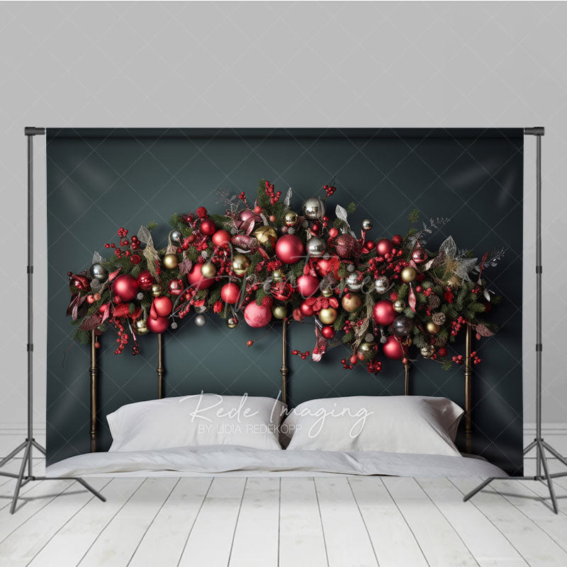 Aperturee Aperturee Christmas Headboard Photography Backdrop Red Gold and Silver Ornament Garland Elegant Holiday Bedroom Photo Prop