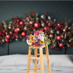 Aperturee Aperturee Christmas Headboard Photography Backdrop Red Gold and Silver Ornament Garland Elegant Holiday Bedroom Photo Prop