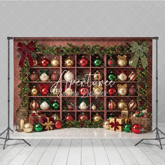Aperturee - Aperturee Christmas Holiday Backdrop with Festive Ornaments and Gifts on Wooden Shelves Green Garlands and String Lights Decor
