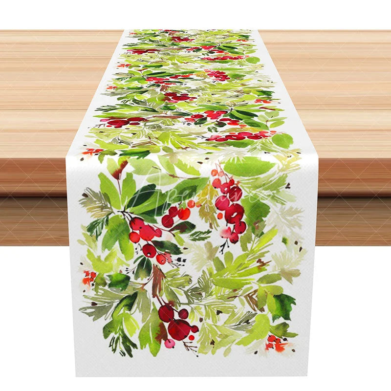 Aperturee - Aperturee Christmas Holly Berry Table Runner Red and Green Botanical Simple Farmhouse Holiday Dining Decor