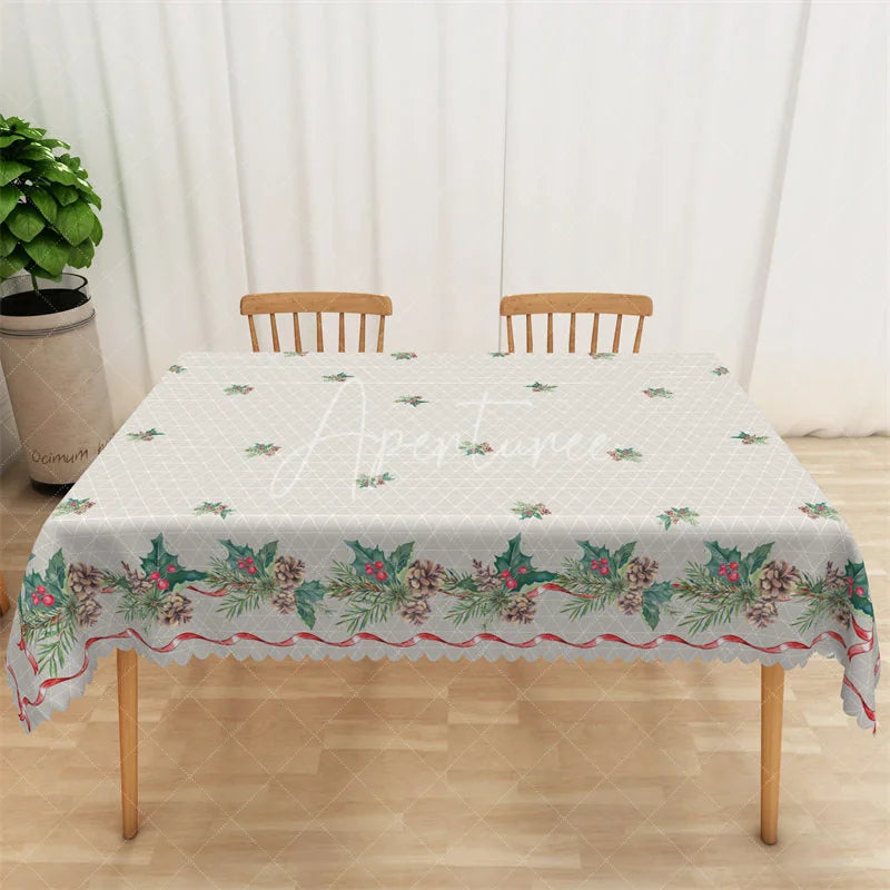 Aperturee - Aperturee Christmas Holly Rectangle Tablecloth Grey with Pinecone Border Farmhouse Holiday Table Cover Decor