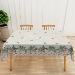 Aperturee - Aperturee Christmas Holly Rectangle Tablecloth Grey with Pinecone Border Farmhouse Holiday Table Cover Decor