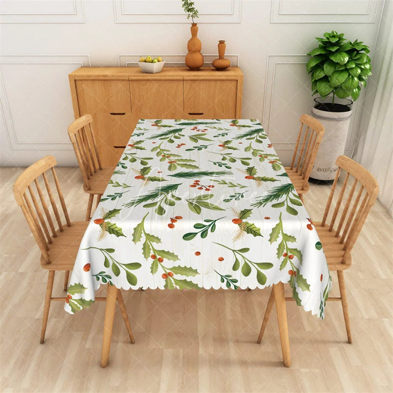Aperturee - Aperturee Christmas Holly Rectangle Tablecloth White Woodgrain with Pine Branch Farmhouse Holiday Table Cover