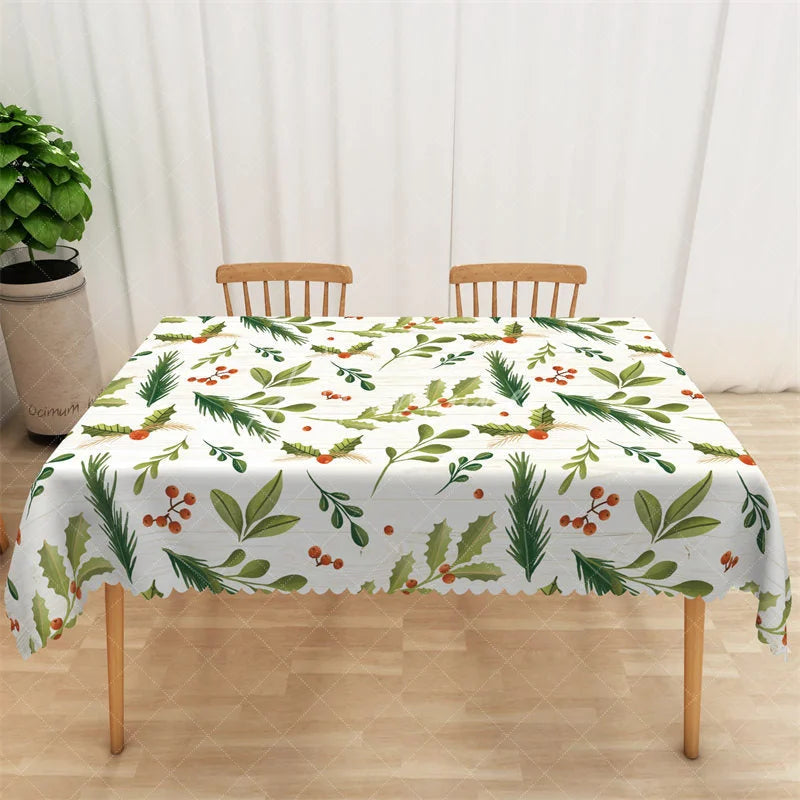 Aperturee - Aperturee Christmas Holly Rectangle Tablecloth White Woodgrain with Pine Branch Farmhouse Holiday Table Cover
