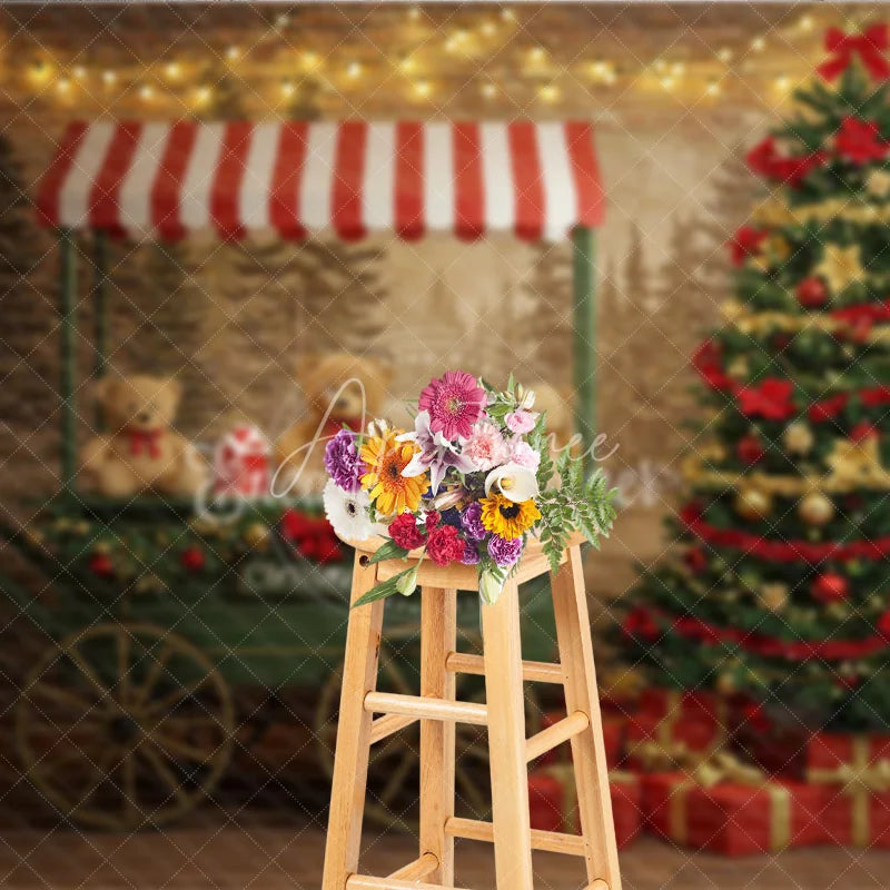 Aperturee - Aperturee Christmas Market Cart Photography Backdrop Teddy Bears and String Lights Rustic Holiday Mini Session Background