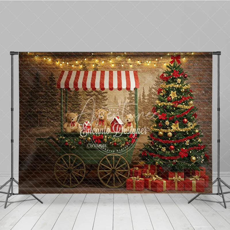 Aperturee - Aperturee Christmas Market Cart Photography Backdrop Teddy Bears and String Lights Rustic Holiday Mini Session Background