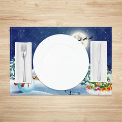 Aperturee - Aperturee Christmas Night Set of 4 Placemats Snowy Village with Snowman Santa Sleigh Winter Scene Table Mats