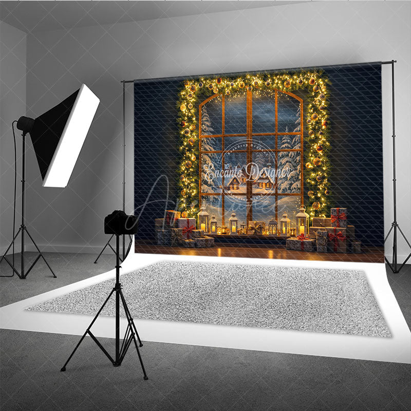 Aperturee - Aperturee Christmas Night Window Photography Backdrop Snowy Village View with Garland Cozy Holiday Mini Session Background