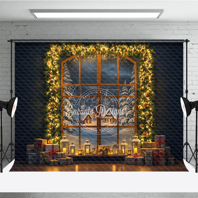 Aperturee - Aperturee Christmas Night Window Photography Backdrop Snowy Village View with Garland Cozy Holiday Mini Session Background