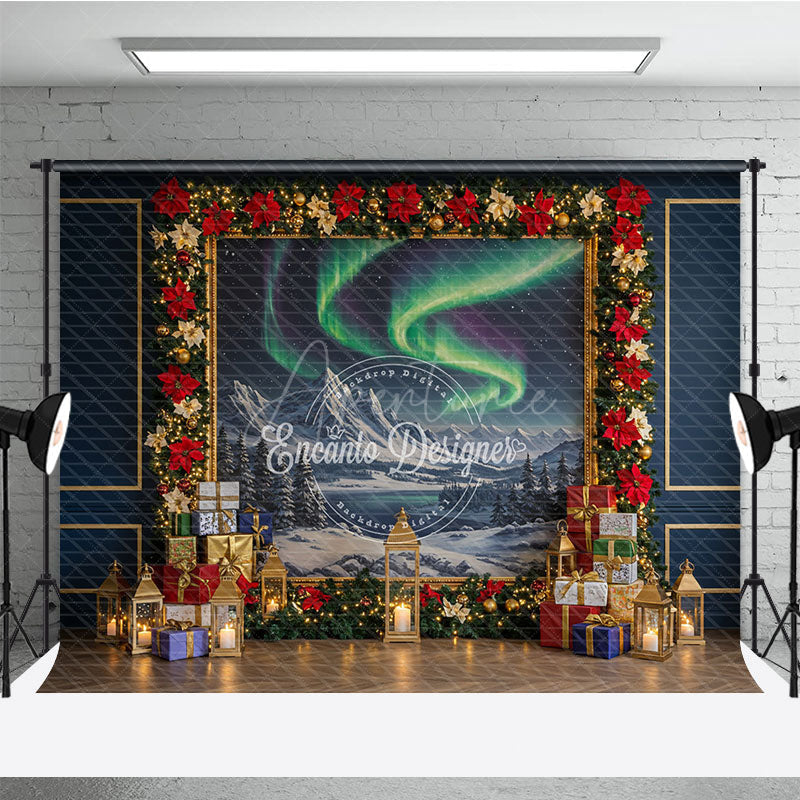 Aperturee - Aperturee Christmas Northern Lights Photography Backdrop Aurora Borealis Painting with Poinsettias Holiday Photo Background